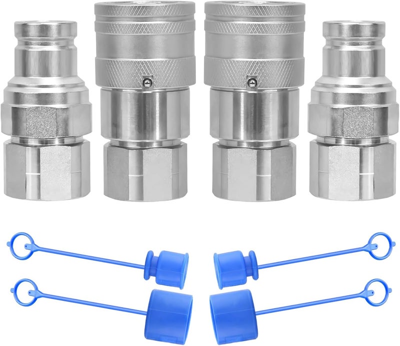 Cplbrb 3/8’’ NPT Flat Face Hydraulic Quick Connect Couplers/Couplings with Dust Caps, The Universal Bobcat Flat Face Quick Connect Fittings with with 3/8’’ Body ISO 16028 Standard-2Set - Image 1